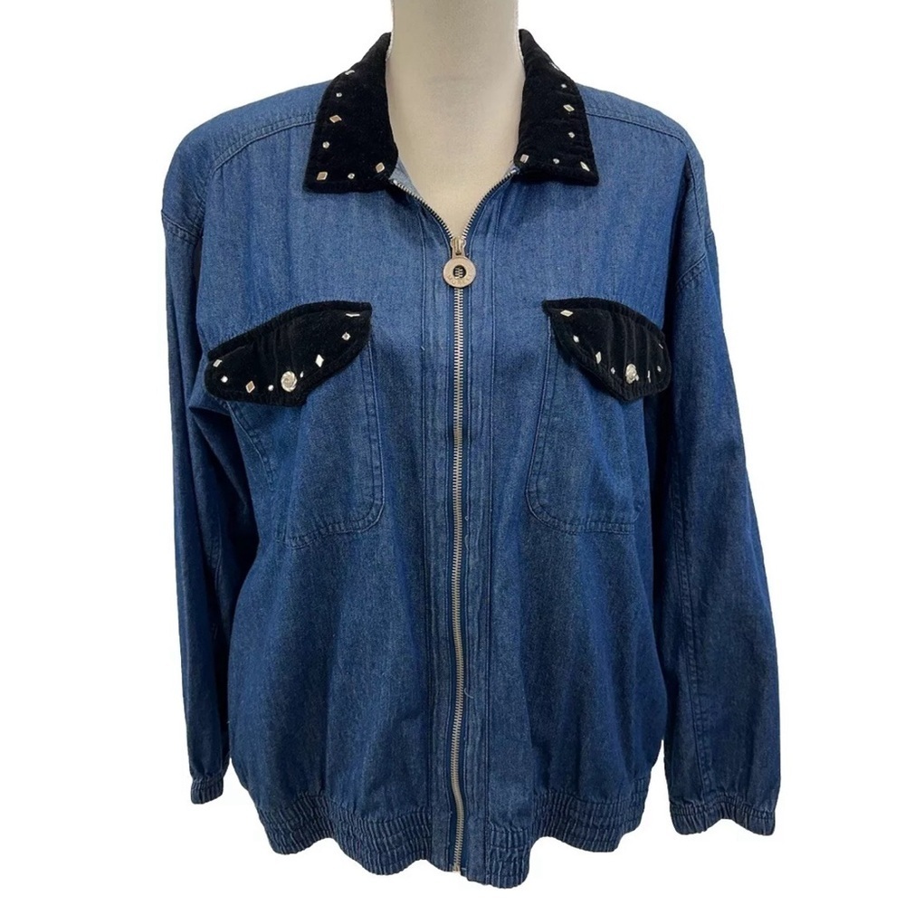 Vintage Mureli Women’s Large Blue Jean Kimono Zip Jacket Velvet Jewelry Beads